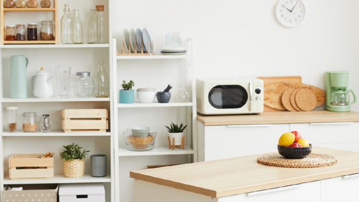 Background image of modern kitchen interior with minimal Scandinavian design and wooden elements