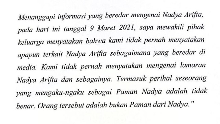 keterangan resmi keluarga Nadya Arifta