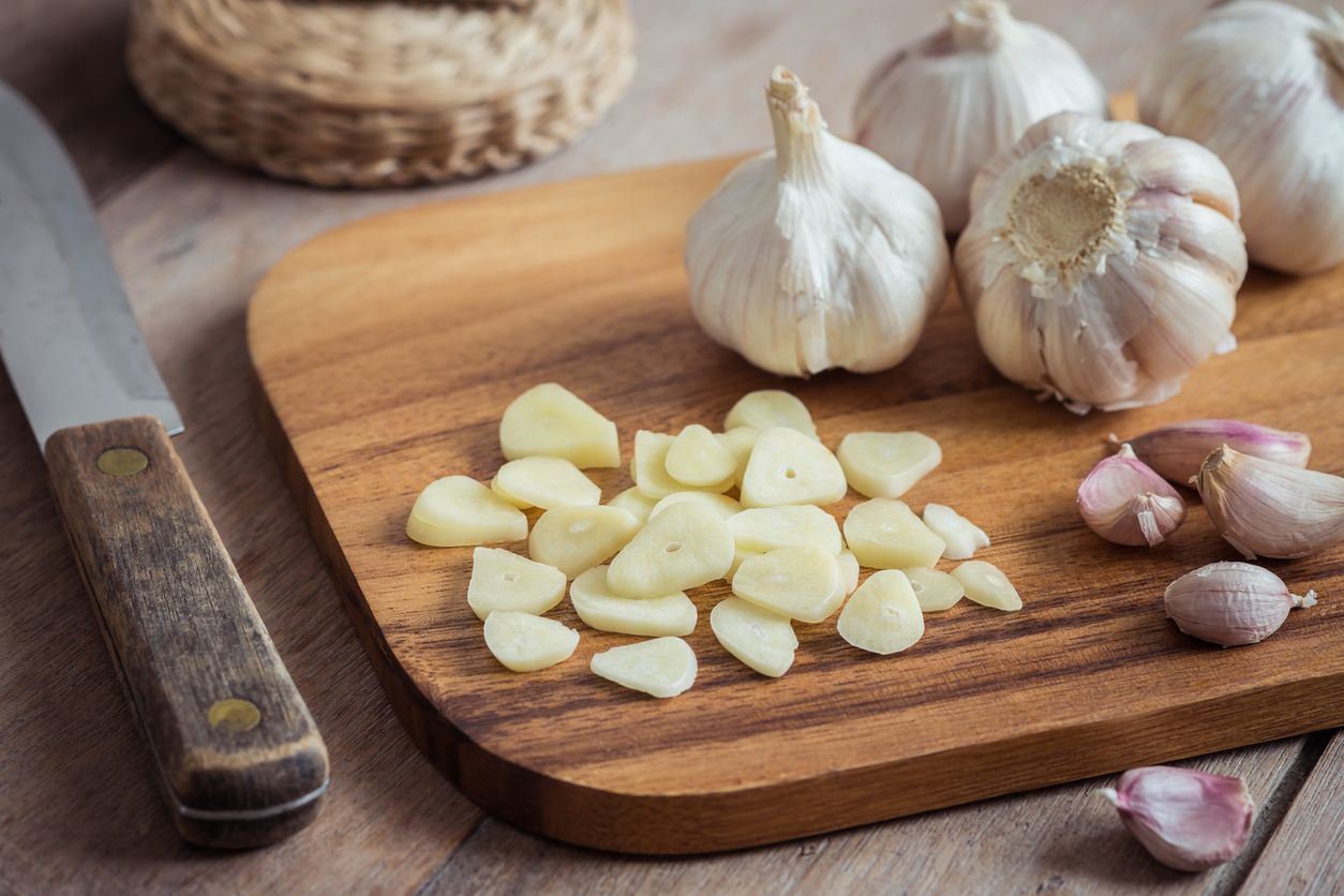 Garlic on wooden cutting board