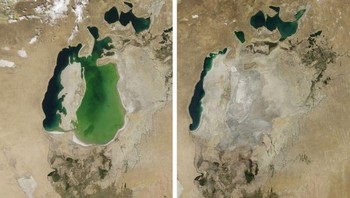 Laut Aral, yang dulunya merupakan danau terbesar keempat di dunia, telah terbagi menjadi beberapa bagian. Foto: dok Brightsight