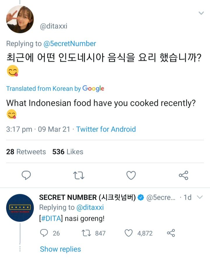 Dita Karang ungkap makanan favoritnya lewat Mention Party di akun resmi Twitter Secret Number.