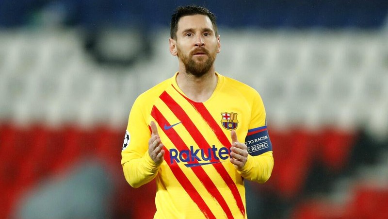 Barcelona's Lionel Messi reacts after a missed scoring opportunity during the Champions League, round of 16, second leg soccer match between Paris Saint-Germain and FC Barcelona at the Parc des Princes stadium in Paris, Wednesday, March 10, 2021. (AP Photo/Christophe Ena)