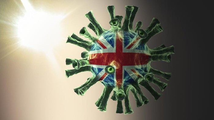United Kingdom, British flag on the COVID-19, coronavirus, virus one side is dark, one side is bright