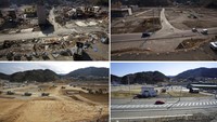 Dalam foto kombinasi ini, dari kiri atas ke kanan bawah tampak lokasi bencana gempa bumi dan tsunami di kota Onagawa, provinsi Miyagi, Jepang. Area yang sama diambil pada tahun berbeda yakni 19 Maret 2011, 22 Feb 2012, 5 Maret 2016, dan beberapa bangunan baru tampak berdiri terlihat pada 4 Maret 2021.  