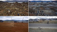 Dalam foto kombinasi ini, dari kiri atas ke kanan bawah tampak lokasi bencana gempa bumi dan tsunami di kota Minamisanriku, provinsi Miyagi, Jepang. Area yang sama diambil pada tahun berbeda yakni 15 Maret 2011, 23 Februari 2012, 5 Maret 2016, dan 6 Maret 2021.  