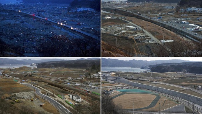 In this combination photo, from top left to bottom right, a Japanese survivor of the earthquake and tsunami rides his bicycle through the leveled city of Minamisanriku, in Miyagi Prefecture, northeastern Japan, on March 15, 2011, top, a car drives through the same spot on Feb. 23, 2012, trucks and cars drive through on Saturday, March 5, 2016 and a woman walks through on March 6, 2021. (AP Photo/David Guttenfelder and Eugene Hoshiko)