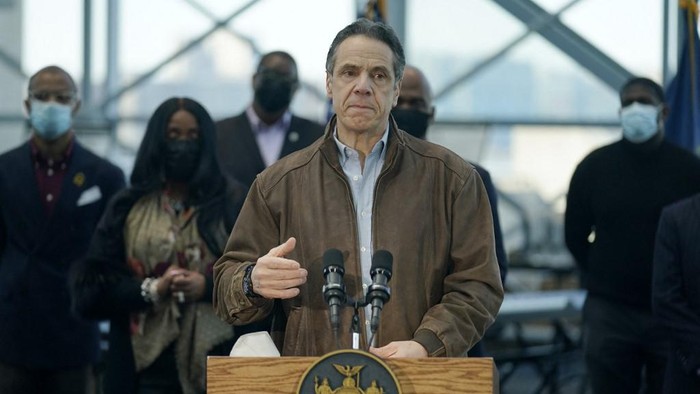 (FILES) In this file photo New York Governor Andrew Cuomo speaks at a vaccination site at the Jacob K. Javits Convention Center on March 8, 2021 in New York City. - Embattled New York Governor Andrew Cuomo found himself under increasing risk of impeachment over allegations of sexual harassment March 11, 2021, when the Democratic head of the state assembly -- until now a key ally -- greenlighted a formal investigation of the claims. (Photo by Seth WENIG / POOL / AFP)