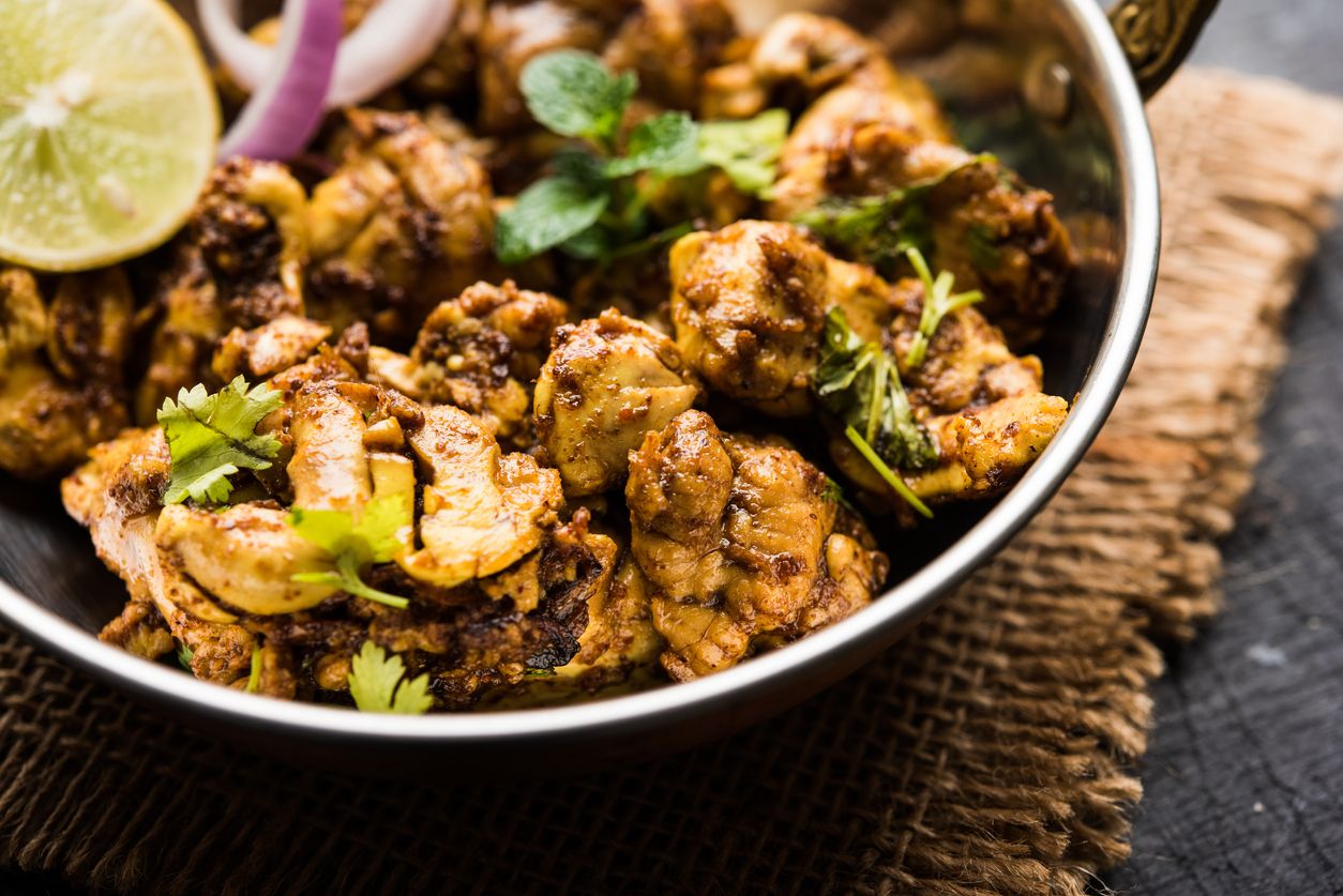 Brain / Bheja Fry of goat, sheep or lamb is a popular Indian or pakistani dish cooked on Bakra Eid(Eid-ul-zuha). served in karahi, pan or plate. selective focus