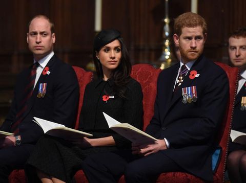 LONDON, ENGLAND - APRIL 25:  Prince William, Duke of Cambridge, Meghan Markle and Prince Harry attend an Anzac Day service at Westminster Abbey on April 25, 2018 in London, England. (Photo by Eddie Mulholland - WPA Pool/Getty Images)