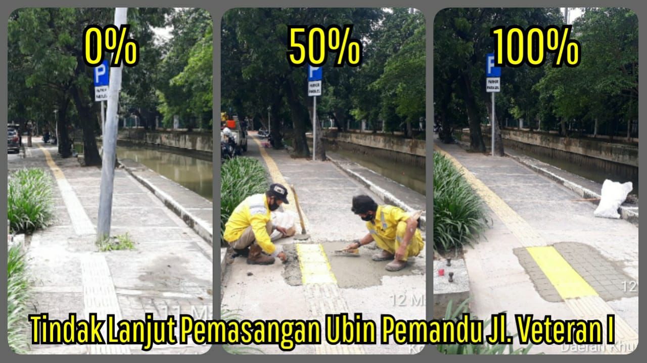 Perbaikan guiding block nabrak tiang di Jl Veteran I oleh Dinas Bina Marga DKI. (Dok Pemprov DKI)