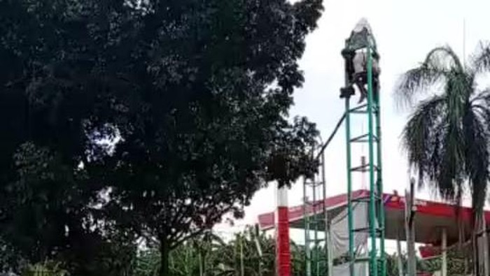 Polisi evakuasi pria panjat tiang di Pondok Aren, Tangsel. Foto screenshot video dari Kapolsek Pondok Aren Kompol Riza Sativa