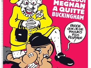 Charlie Hebdo Rilis Kartun Ratu Inggris Berlutut di Leher Meghan Markle