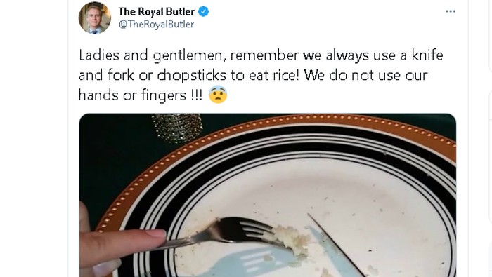 Pakar etiket Grant Harrold dikritik netizen Asia setelah menyebut bahwa makan nasi harus menggunakan pisau dan garpu atau sumpit. Hal ini ia tuliskan melalui cuitannya di akun Twitter miliknya @TheRoyalButler.

