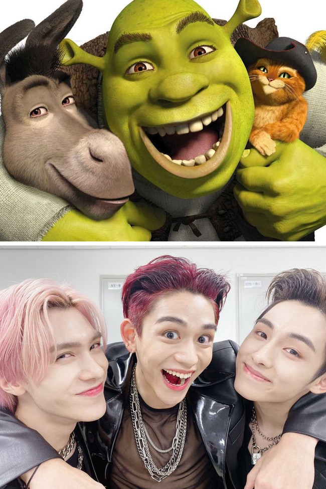 Ten WayV pernah menyebut Hendery menyerupai Donkey dari kartun Shrek. Ia pun membuktikan kemiripannya, menggaet Lucas sebagai Shrek dan Winwin sebagai Puss in Boots.  Foto: dok. Weibo WayVHENDERY, dok. Dreamwork