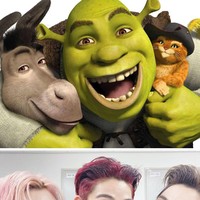 Ten WayV pernah menyebut Hendery menyerupai Donkey dari kartun Shrek. Ia pun membuktikan kemiripannya, menggaet Lucas sebagai Shrek dan Winwin sebagai Puss in Boots.  Foto: dok. Weibo WayVHENDERY, dok. Dreamwork