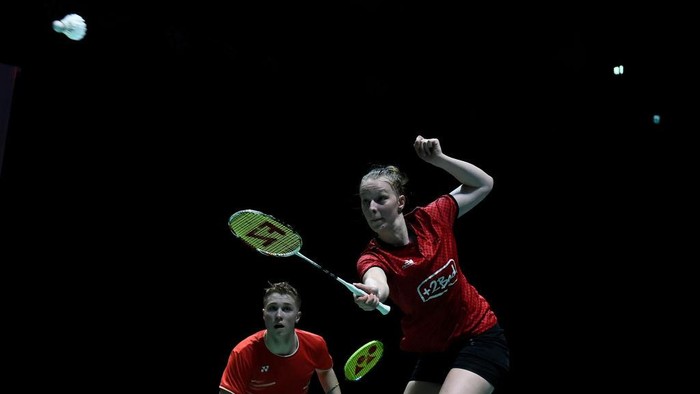 CHOFU, JAPAN - JULY 25: Thom Gicquel and Delphine Delrue of France compete in the mixed doubles match against Chan Peng Soon and Goh Liu Ying of Malaysia on day three of the Daihatsu Yonex Japan Open Badminton Championships, Tokyo 2020 Olympic Games test event at Musashino Forest Sport Plaza on July 25, 2019 in Chofu, Tokyo, Japan. (Photo by Matt Roberts/Getty Images)