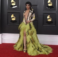Doja Cat memilih gaun beraksen bulu warna hijau neon rancangan Roberto Cavalli. Namun penampilannya terlihat berlebihan. Belum lagi retsleting yang dibuka hingga bawah pusar yang membuatnya tak bisa tampil elegan. Foto: AP/Jordan Strauss