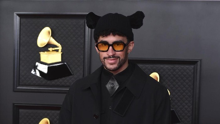 Bad Bunny arrives at the 63rd annual Grammy Awards at the Los Angeles Convention Center on Sunday, March 14, 2021. (Photo by Jordan Strauss/Invision/AP)