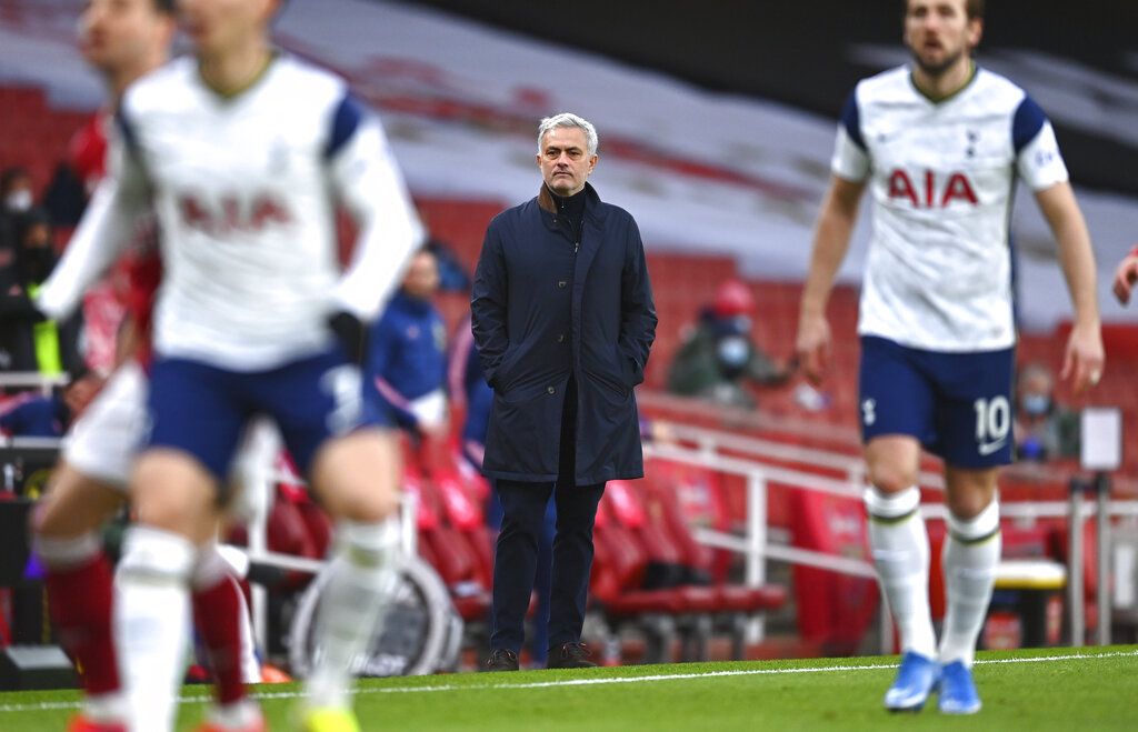Tottenham's manager Jose Mourinho reacts during the English Premier League soccer match between Arsenal and Tottenham Hotspur at the Emirates stadium in London, England, Sunday, March 14, 2021. (Dan Mullan/Pool via AP)