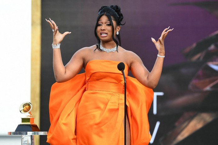 LOS ANGELES, CALIFORNIA - MARCH 14: Megan Thee Stallion accepts the Best New Artist award onstage during the 63rd Annual GRAMMY Awards at Los Angeles Convention Center on March 14, 2021 in Los Angeles, California.   Kevin Winter/Getty Images for The Recording Academy/AFP (Photo by KEVIN WINTER / GETTY IMAGES NORTH AMERICA / Getty Images via AFP)