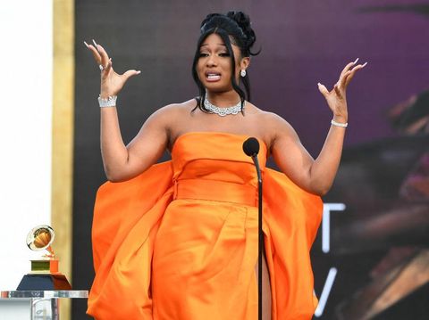 LOS ANGELES, CALIFORNIA - MARCH 14: Megan Thee Stallion accepts the Best New Artist award onstage during the 63rd Annual GRAMMY Awards at Los Angeles Convention Center on March 14, 2021 in Los Angeles, California.   Kevin Winter/Getty Images for The Recording Academy/AFP (Photo by KEVIN WINTER / GETTY IMAGES NORTH AMERICA / Getty Images via AFP)