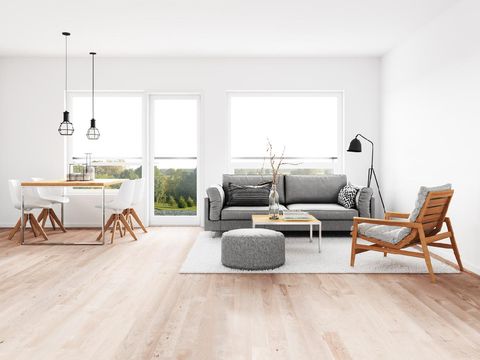 Ilustrasi Warna Lantai Modern living room with dining room. Render image.