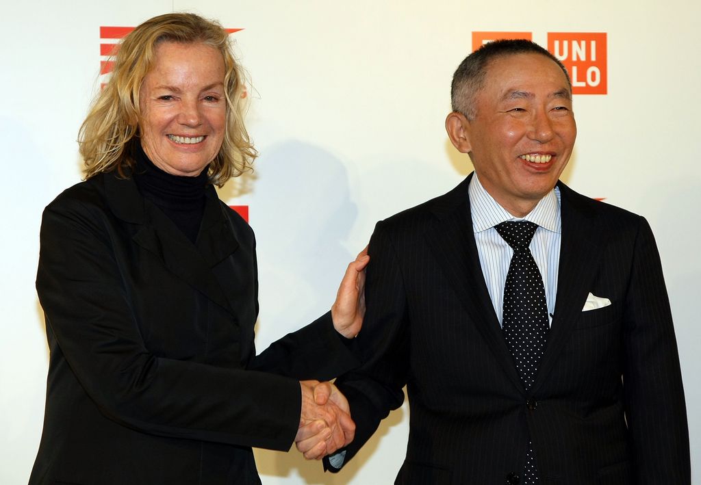 TOKYO - MARCH 17:  Designer Jil Sander (L) and Tadashi Yanai (R), Chairman and CEO, Fast Retailing Co., Ltd. pose for photographs during a press conference at Four Seasons Hotel Chinzanso on March 17, 2009 in Tokyo, Japan. Sander closes the design consultation contract with Uniqlo band, a Japanese casual wear retail chain owned and developed by Fast Reailing. New products supervised by Sander will be on sale from Autumn 2009.  (Photo by Junko Kimura/Getty Images)
