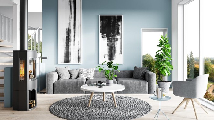 Ilustrasi rumah minimalis Modern living room. Render image.
