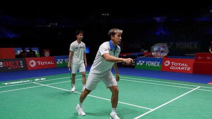 Marcus Gideon/Kevin Sanjaya dalam sebuah sesi latihan jelang All England 2021.