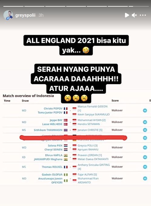 Unggahan Greysia Polii usai tim Indonesia didepak dari All England 2021.