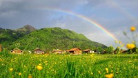 Pelangi terlihat di atas ladang dan pegunungan di Grassau, Jerman. Getty Images/Lennart Preiss