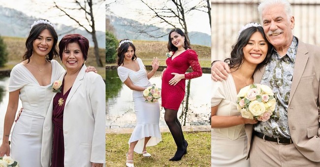 Saat foto bersama keluarga, detail draperi dikenakannya ke bahu sehingga tampak seperti gaun berlengan pendek. Sementara ketika pemotretan pernikahan, detail tersebut diturunkan hingga hanya menjadi aksen pada lengan. Foto: Instagram/@dionne