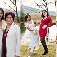 Saat foto bersama keluarga, detail draperi dikenakannya ke bahu sehingga tampak seperti gaun berlengan pendek. Sementara ketika pemotretan pernikahan, detail tersebut diturunkan hingga hanya menjadi aksen pada lengan. Foto: Instagram/@dionne