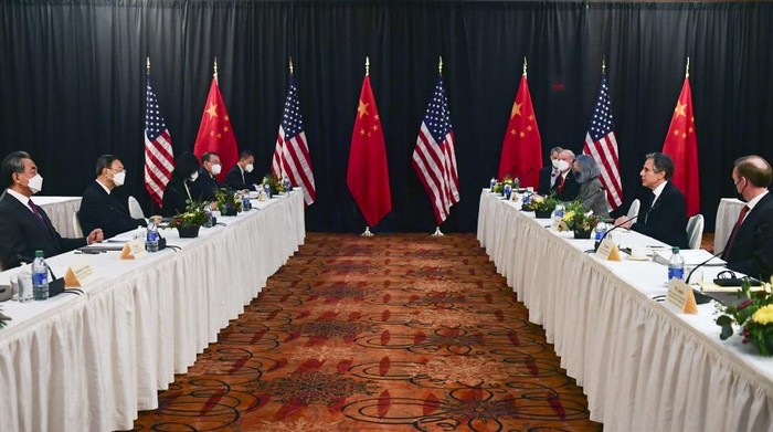US Secretary of State Antony Blinken (2nd R), joined by National Security Advisor Jake Sullivan (R), speaks while facing Yang Jiechi (2nd L), director of the Central Foreign Affairs Commission Office, and Wang Yi (L), Chinas Foreign Minister at the opening session of US-China talks at the Captain Cook Hotel in Anchorage, Alaska on March 18, 2021. - Chinas actions 