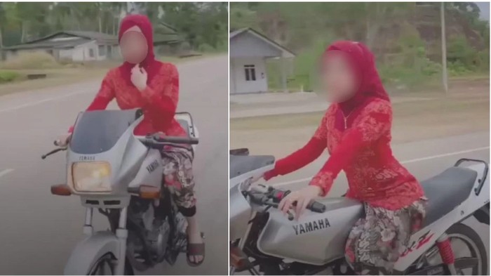 Wanita viral naik motor pakai kebaya.