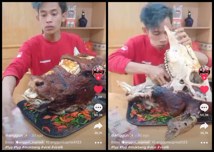 Gokil! TikToker Ini Mukbang Kepala Sapi dan Kepala Kambing Utuh