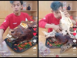 Gokil! TikToker Ini Mukbang Kepala Sapi dan Kepala Kambing Utuh