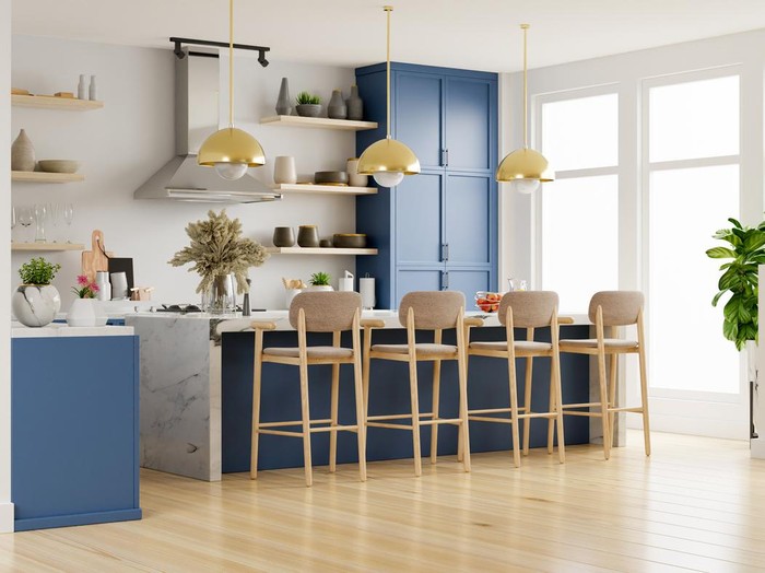 Modern kitchen interior with furniture.Stylish kitchen interior with white wall.3D Rendering