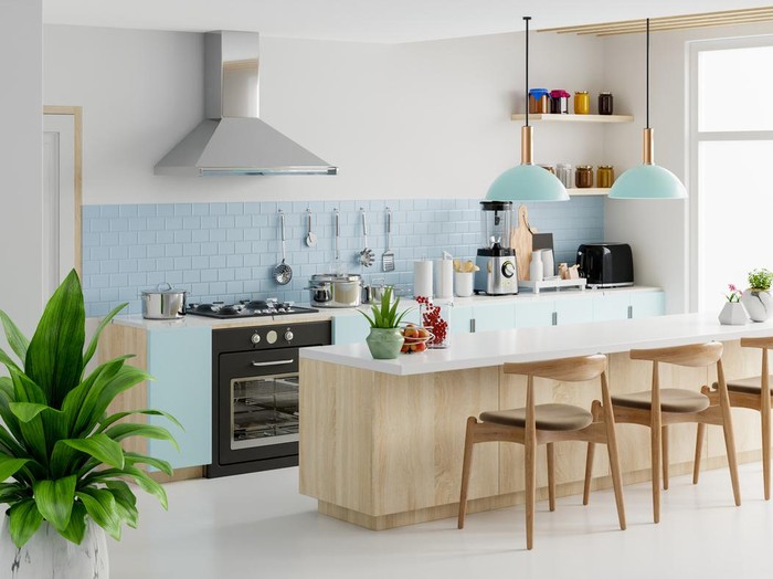 Modern kitchen interior with furniture.Stylish kitchen interior with white wall.3D Rendering