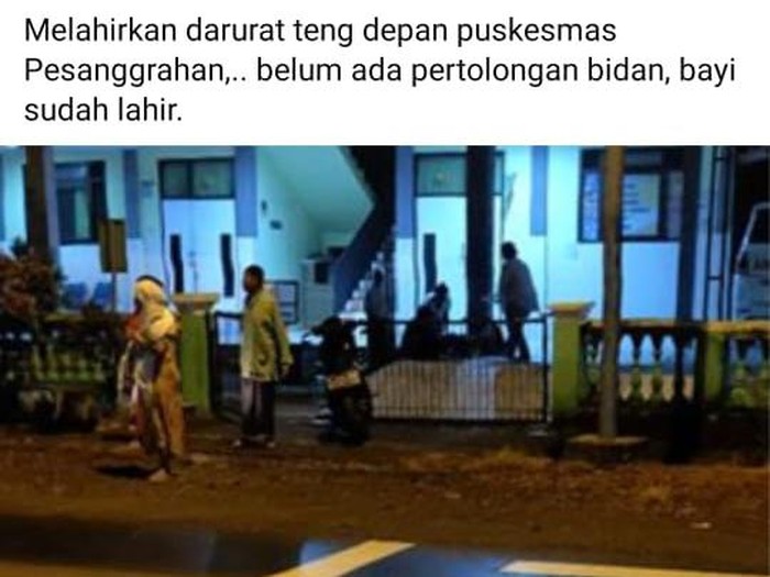 Persalinan di teras Puskesmas Pesanggaran, Kecamatan Kutorejo, Mojokerto viral di medsos. Bayi perempuan lahir tanpa bantuan tenaga kesehatan (nakes).