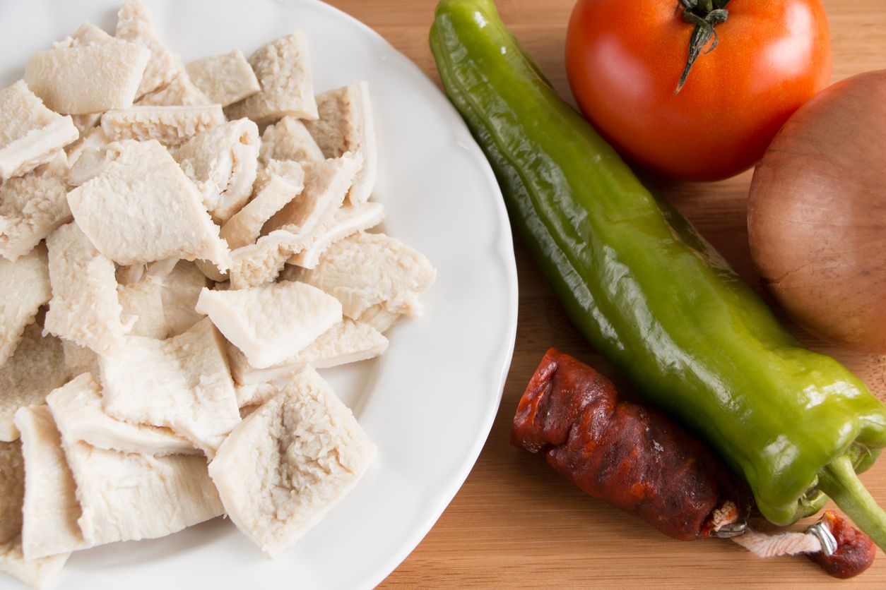 Ingredients for cooking tripe with chorizo, a typical spanish food called 