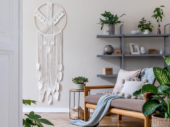 Stylish interior of living room. Beige and japandi concept. Modern home staging. Template.