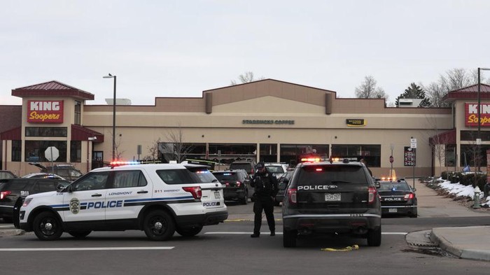Police work on the scene outside of a King Soopers grocery store where a shooting took place Monday, March 22, 2021, in Boulder, Colo. (AP Photo/Joe Mahoney)