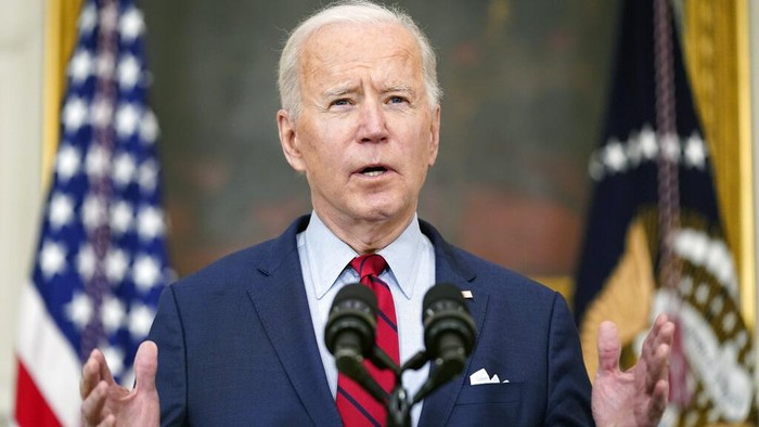 President Joe Biden speaks about the shooting in Boulder, Colo., Tuesday, March 23, 2021, in the State Dining Room of the White House in Washington. (AP Photo/Patrick Semansky)
