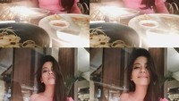 Pamer pose menawan. Agenda makan malam Vebrie dengan hidangan khas Western, di salah satu restoran mewah ini terlihat keren. Foto: Instagram @vebrie_verona