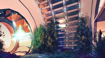 Arsitek ABIBOO dan tim astrobiologi SONet juga memikirkan bagaimana lembah, bangunan khusus untuk rumah sakit, sekolah dan universitas, kegiatan olahraga, mall, dan stasiun kereta api bisa terhubung dan berkomunikasi dengan pesawat luar angkasa. Wow! Foto: ABIBOO studio / SONet