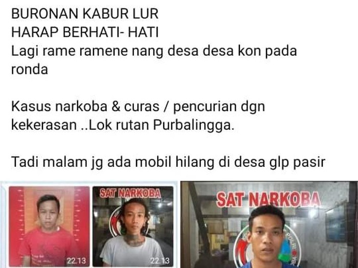 Tangkapan layar postingan tahanan kabur di Purbalingga