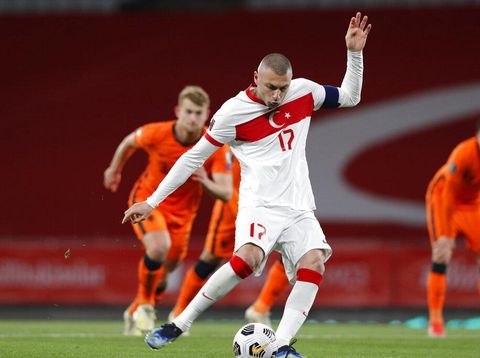 Turkey's Burak Yilmaz, scores his side's second goal during the World Cup 2022 group G qualifying soccer match between Turkey and Netherlands at the Ataturk Olimpiyat Stadium in Istanbul, Turkey, Wednesday, March 24, 2021. (Murad Sezer/Pool Photo via AP)