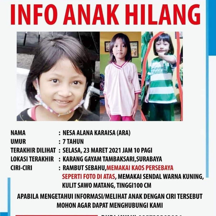 Nesa Alana Karaisa (Ara) hilang saat bermain. Putri pasangan Tri Budi Prasetyo dan Safrina Anindia Putri itu hilang sejak Selasa (23/3).