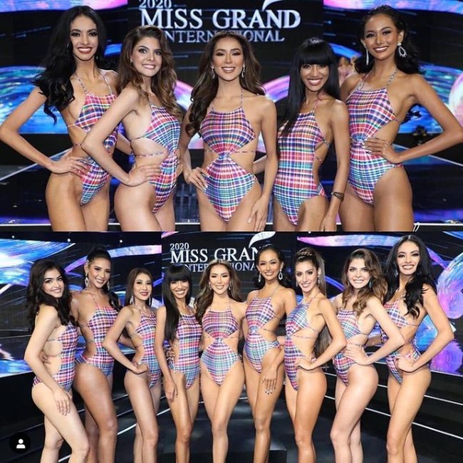 Wakil Indonesia, Aurra Kharisma berpose bersama finalis Miss Grand International 2020 lainnya usai menjalani kompetisi preliminary baju renang. Foto: Dok. Instagram Miss Grand International